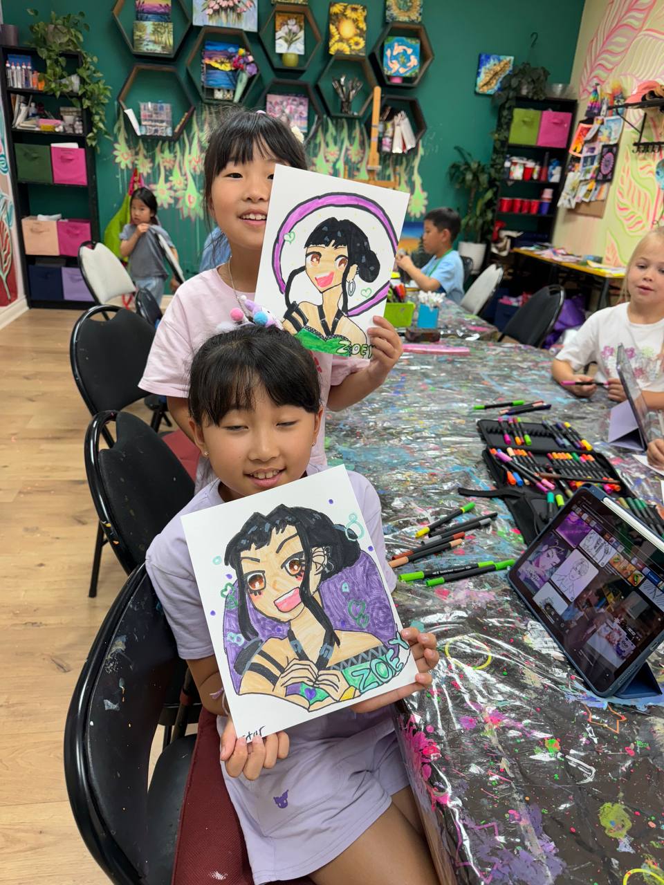 Students with anime drawings